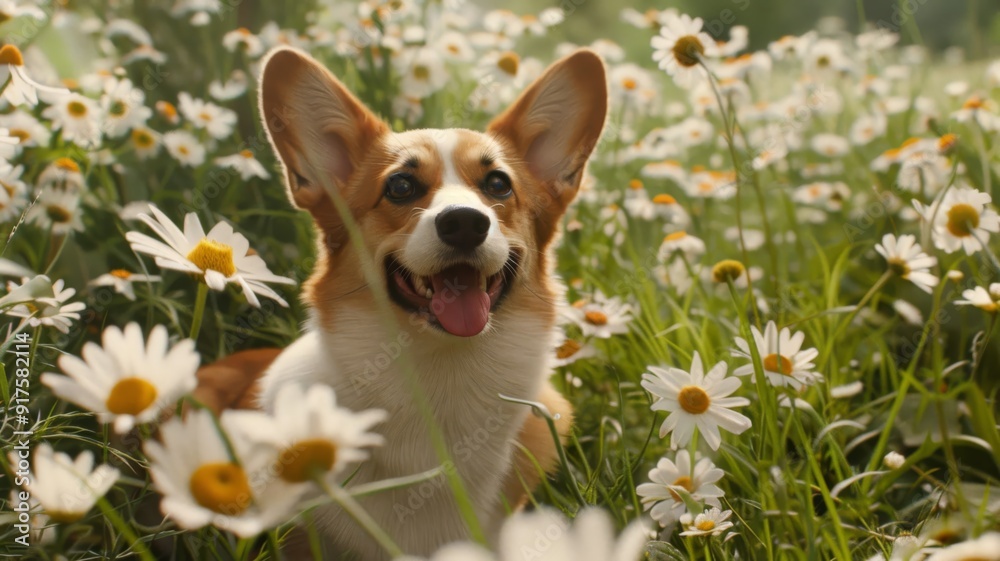Happy Corgi Dog Surrounded by Daisies in a Field Happy Corgi Dog Surrounded by Daisies in a Field