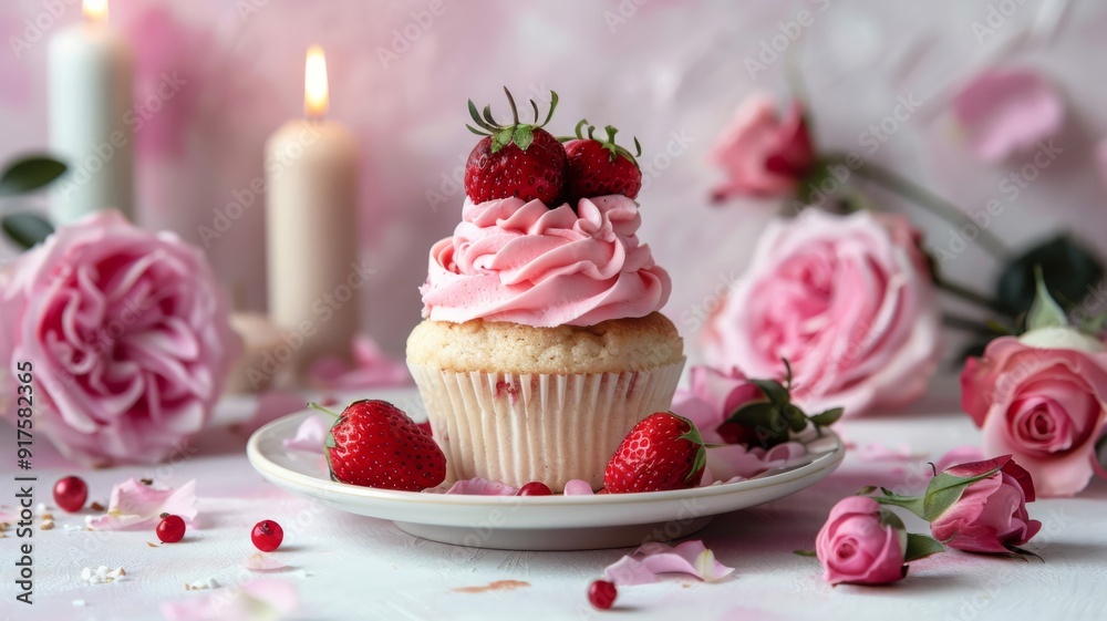 Pink Cupcake Topped with Strawberries and Red Currants Pink Cupcake Topped with Strawberries and Red Currants
