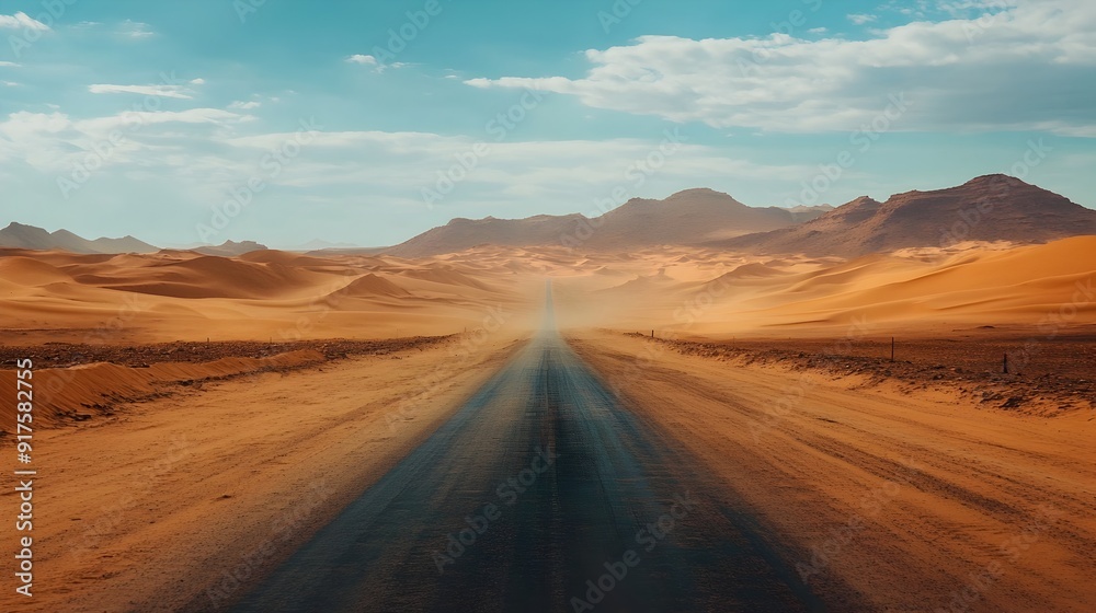 Fototapeta premium Endless Desert Road Journey Through Arid Landscape of Solitude and