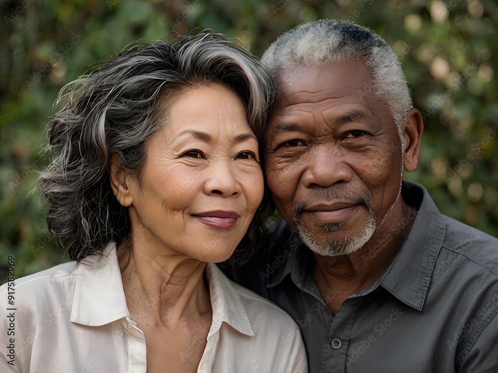 Portrait of a couple of black man from Africa and white woman from Asia, individuals of different races Portrait of a couple of black man from Africa and white woman from Asia, individuals of different races