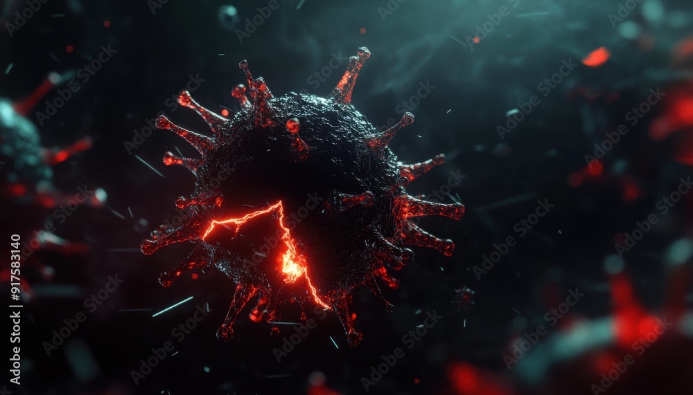 Microscopic view of a virus with glowing effects, highlighting intricate details and textures in a dark, atmospheric setting. Microscopic view of a virus with glowing effects, highlighting intricate details and textures in a dark, atmospheric setting.