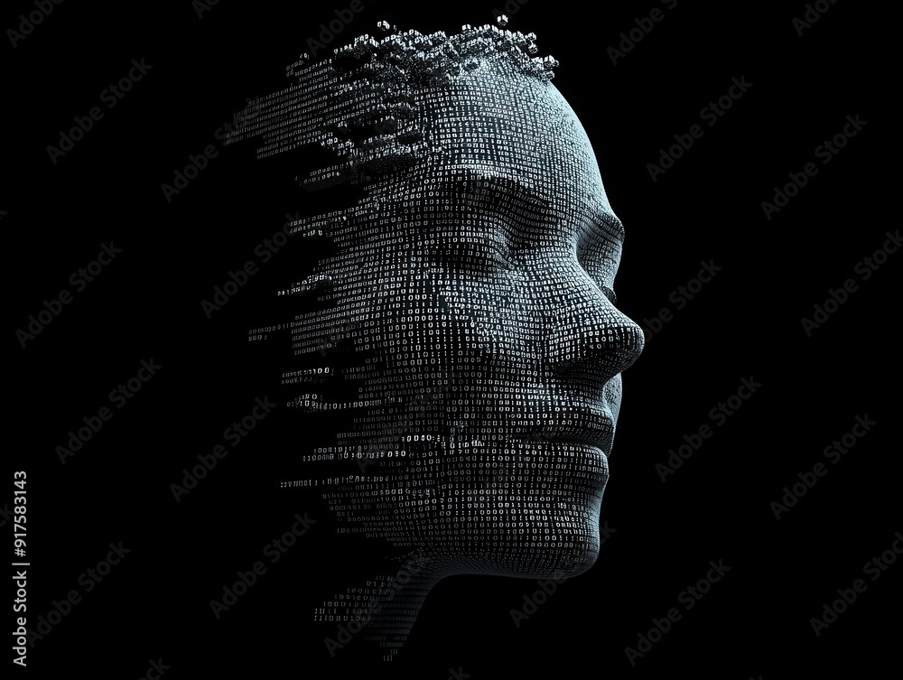 Futuristic digital face visualization with abstract elements, showcasing technology and creativity in art. Futuristic digital face visualization with abstract elements, showcasing technology and creativity in art.