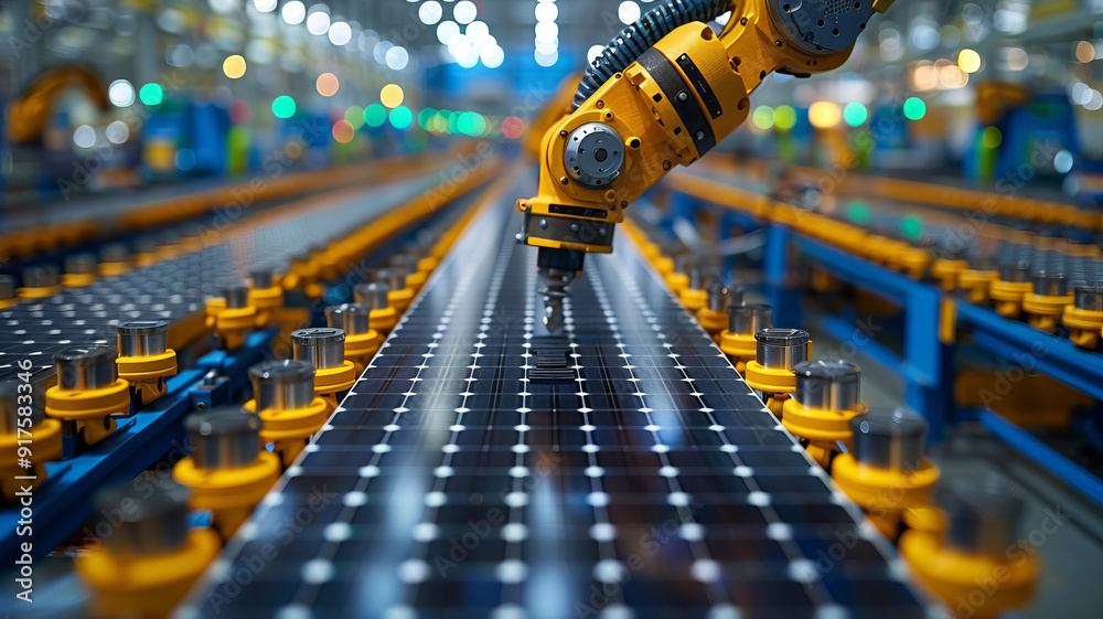 Solar panel placed on conveyor belt, operated by automatized robot arm, moving around facility,generative ai Solar panel placed on conveyor belt, operated by automatized robot arm, moving around facility,generative ai