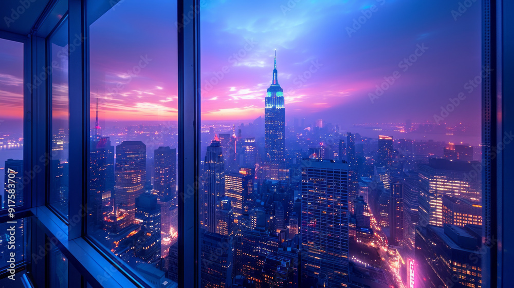 Obraz premium New York City view from a tall place, blue hour,generative ai