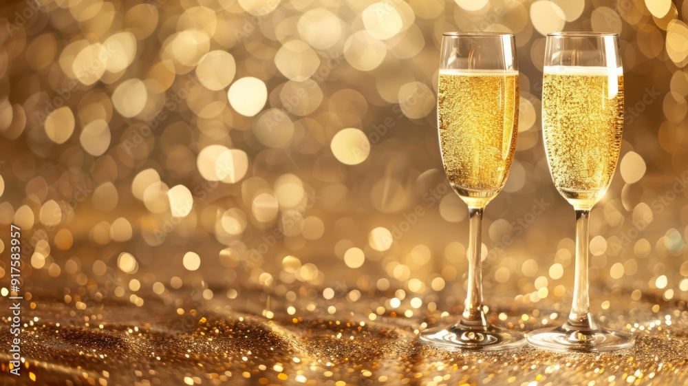 Two Champagne Flutes on a Golden Glitter Background Two Champagne Flutes on a Golden Glitter Background
