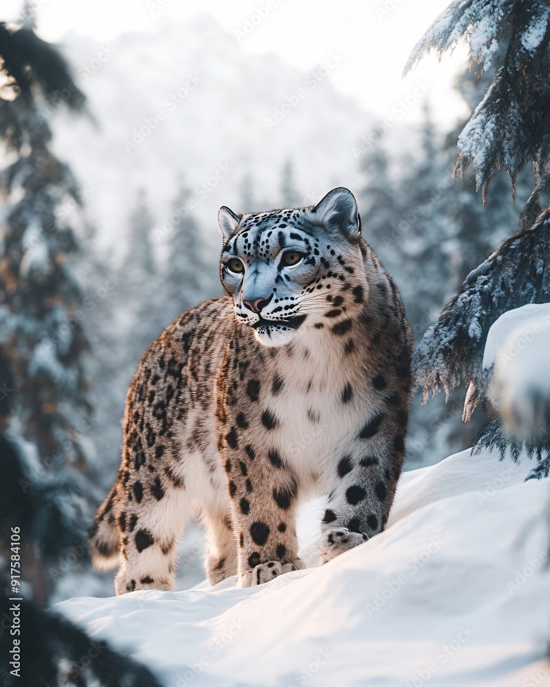 Fototapeta premium Majestic Snow Leopard in Winter Landscapes at Sunset - Stunning Wildlife Photography Capturing Elusive Panthera Uncia in Snowy Mountain Habitat