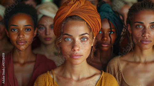 large mixed group of multicultural people look camera,generative ai