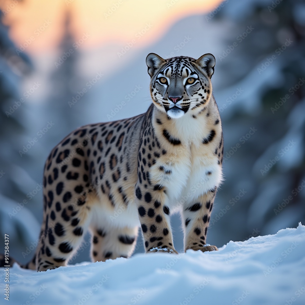 Majestic Snow Leopard in Winter Landscapes at Sunset - Stunning Wildlife Photography Capturing Elusive Panthera Uncia in Snowy Mountain Habitat Majestic Snow Leopard in Winter Landscapes at Sunset - Stunning Wildlife Photography Capturing Elusive Panthera Uncia in Snowy Mountain Habitat