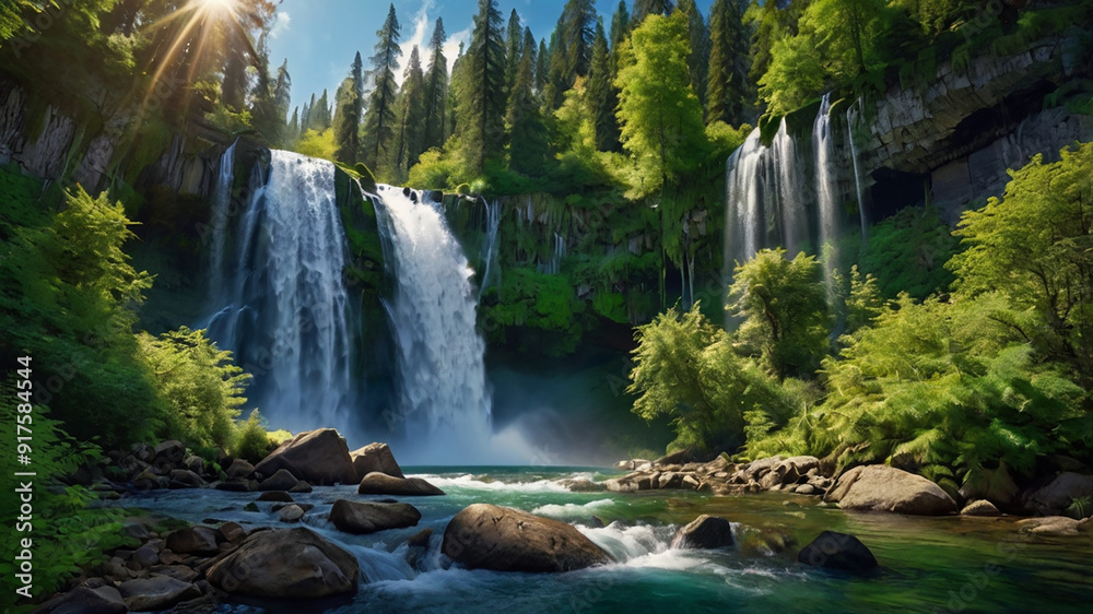 Obraz premium waterfall in the forest landscape natural scenery wallpaper background