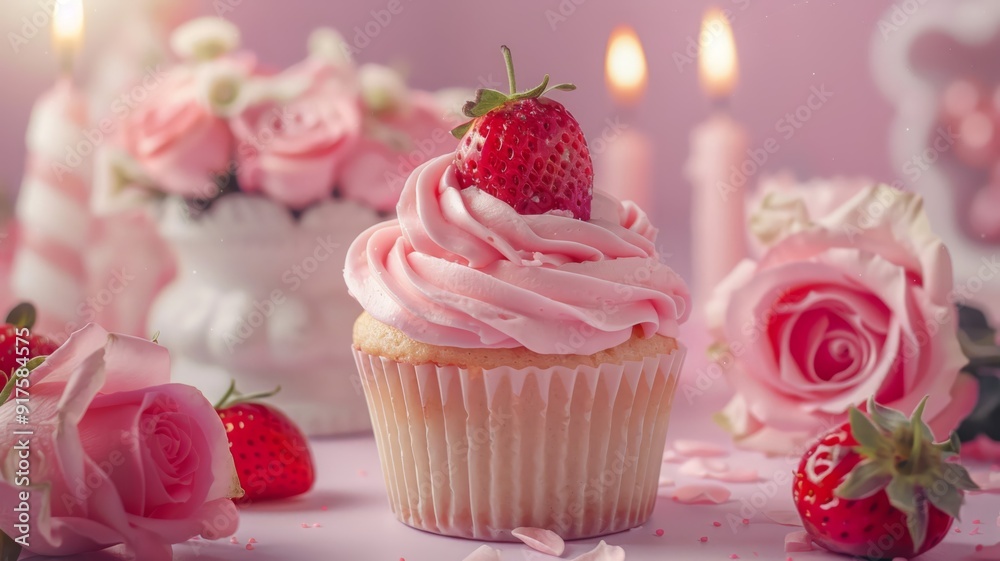 Pink Cupcake with Strawberry Topping and Roses Pink Cupcake with Strawberry Topping and Roses