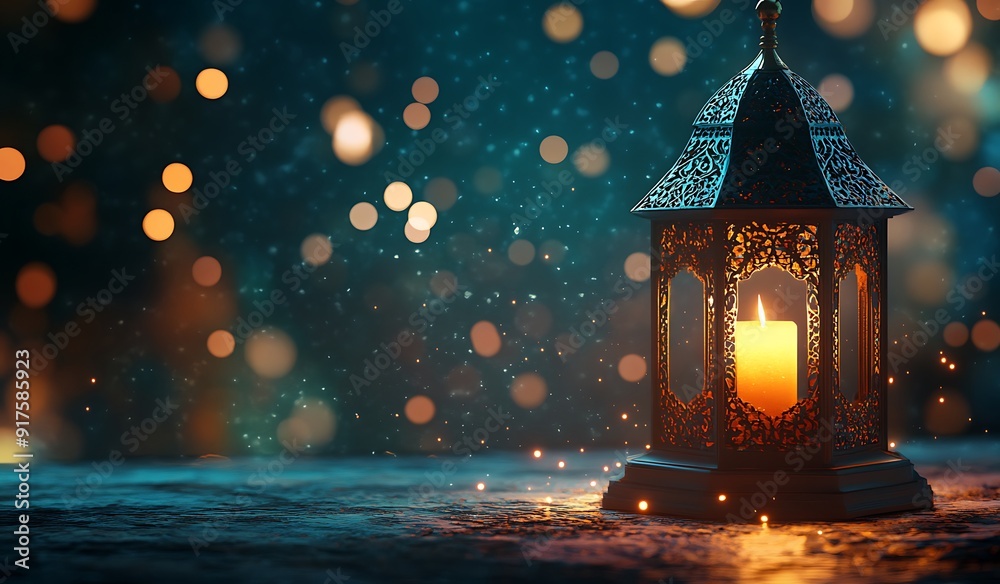 Eid Mubarak and Ramadan Kareem greetings with an Islam crescent, lantern, mosque bokeh background Eid Mubarak and Ramadan Kareem greetings with an Islam crescent, lantern, mosque bokeh background