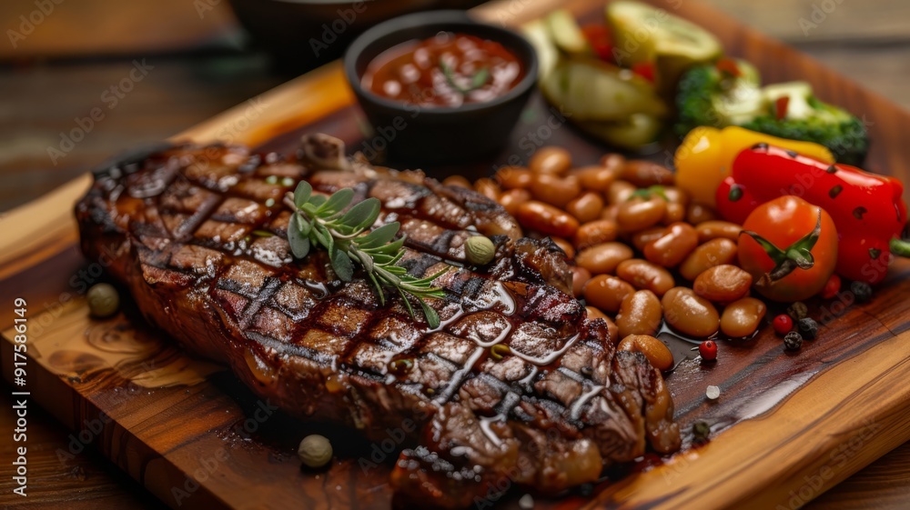 Grilled Steak with Beans, Peppers, and Rosemary Garnish Grilled Steak with Beans, Peppers, and Rosemary Garnish