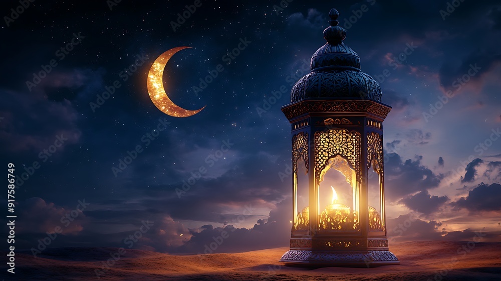 Fototapeta premium Eid Mubarak and Ramadan Kareem greetings with an Islam crescent, lantern, mosque bokeh background