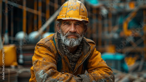 a sad construction worker sitting, a building site in the background,generative ai