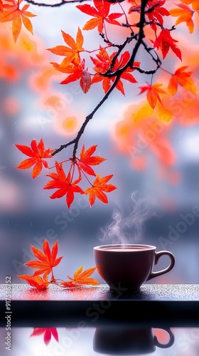 A cup of coffee on a table overlooking a beautiful autumn scene with blurred background and open copy space. 