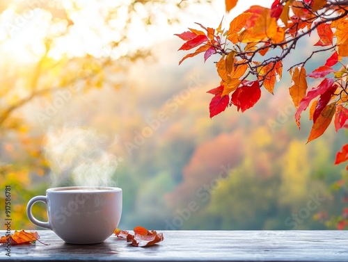 A cup of coffee on a table overlooking a beautiful autumn scene with blurred background and open copy space.  photo