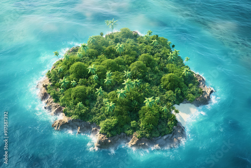 Aerial top View of a Lush Island Surrounded by Turquoise Sea Ideal for Magazine Photography, Generative AI