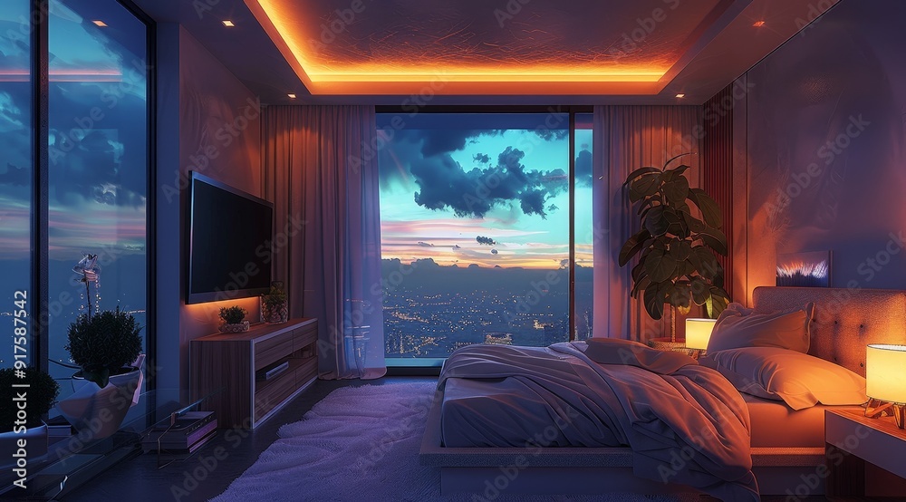 A cozy, modern bedroom with a large window overlooking a bright cyan sky. A cozy, modern bedroom with a large window overlooking a bright cyan sky.