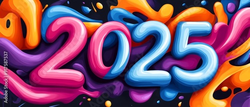 Vibrant 2025 lettering with colorful fluid shapes in dynamic abstract design on dark background