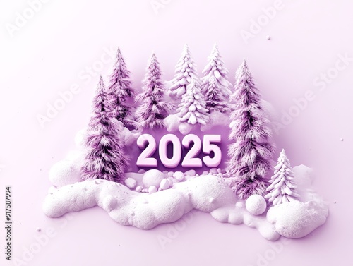 Minimalist winter 2025 design with snow-covered trees and pastel colors for festive New Year celebration photo