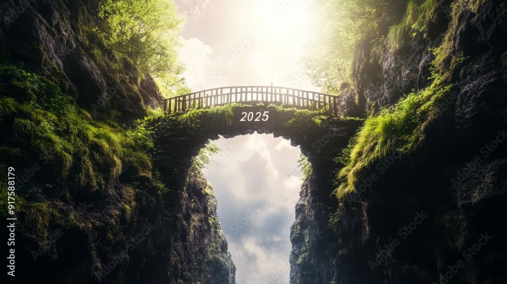 Fototapeta premium Sunlit stone bridge with 2025 marking spans between moss-covered cliffs under bright sky