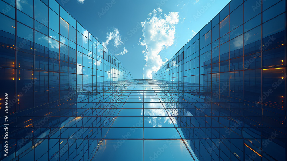Low angle view between two modern skyscrapers to the sky,generative ai Low angle view between two modern skyscrapers to the sky,generative ai