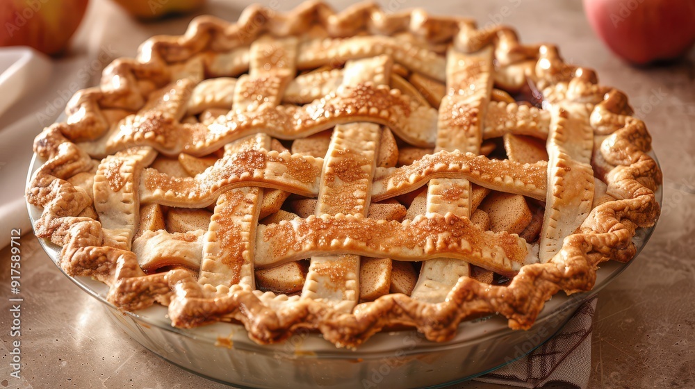 Delicious Homemade Apple Pie with Golden Lattice Crust Freshly Baked and Cooling on a Table with Fresh Apples in the Background Delicious Homemade Apple Pie with Golden Lattice Crust Freshly Baked and Cooling on a Table with Fresh Apples in the Background