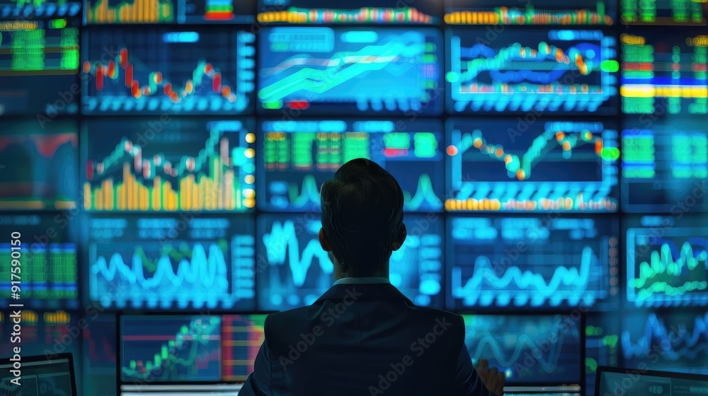 A businessman analyzing data trends on multiple screens in a modern office environment, focused on growth and strategy. A businessman analyzing data trends on multiple screens in a modern office environment, focused on growth and strategy.