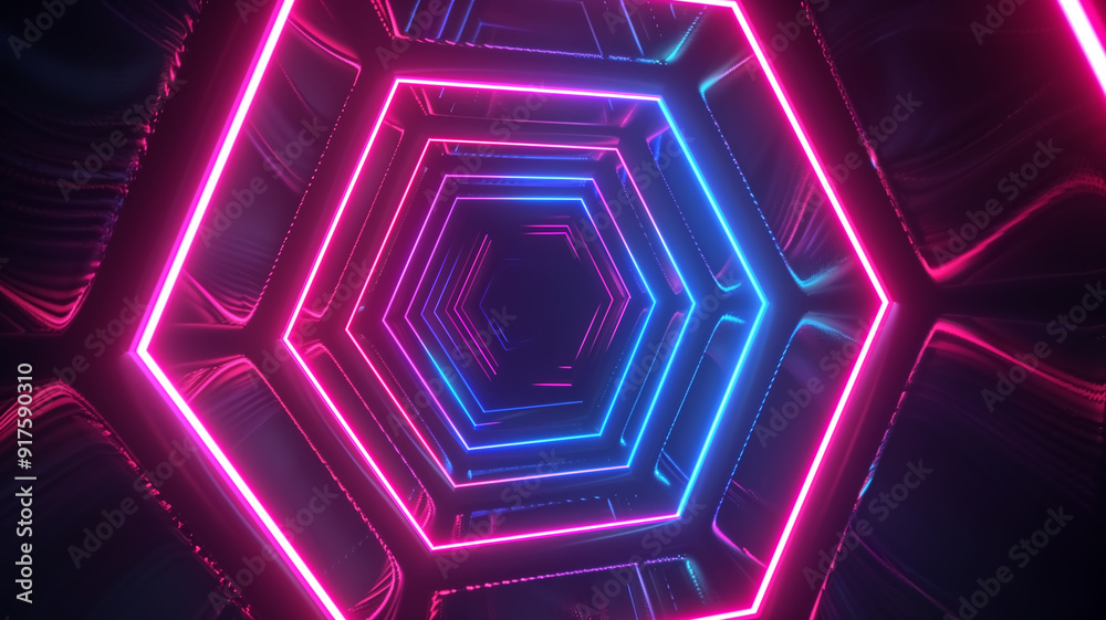 Futuristic Neon Hexagon Tunnel with Vibrant Pink and Blue Lights Creating a Sci-Fi Cyberpunk Aesthetic