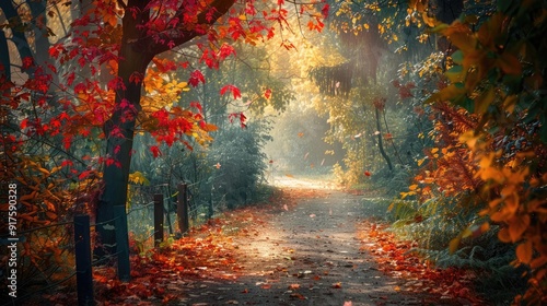 A serene autumn pathway adorned with vibrant leaves, illuminated by soft sunlight creating a magical atmosphere.