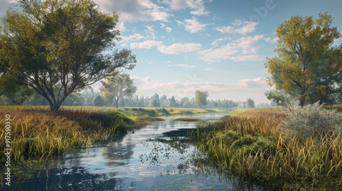 Serene landscape featuring calm waters, lush grass, and vibrant trees under a bright blue sky, perfect for nature enthusiasts.