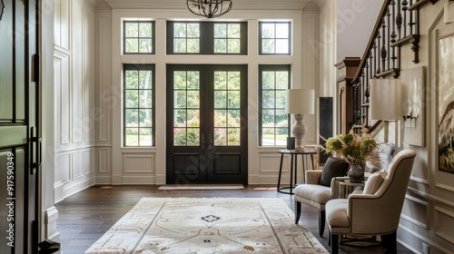 Wallpaper Mural Elegant foyer with large windows, stylish furniture, and decorative rug, creating a welcoming and sophisticated entryway. Torontodigital.ca