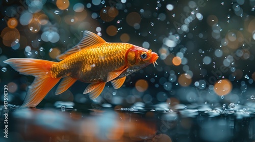 Vibrant goldfish swimming gracefully in a clear aquarium, surrounded by bubbles, showcasing its golden-orange color and flowing fins photo