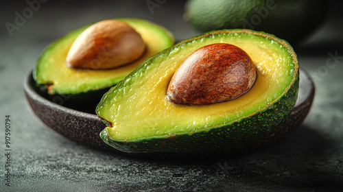 Savor the freshness of a perfectly halved avocado, showcasing its vibrant green flesh and rich brown seed, ready to add a deliciously creamy touch to any culinary creation or healthy snack idea. photo