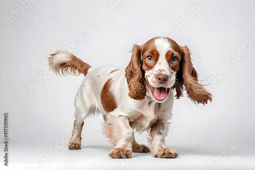 A happy, brown and white dog with floppy ears stands on a white background.