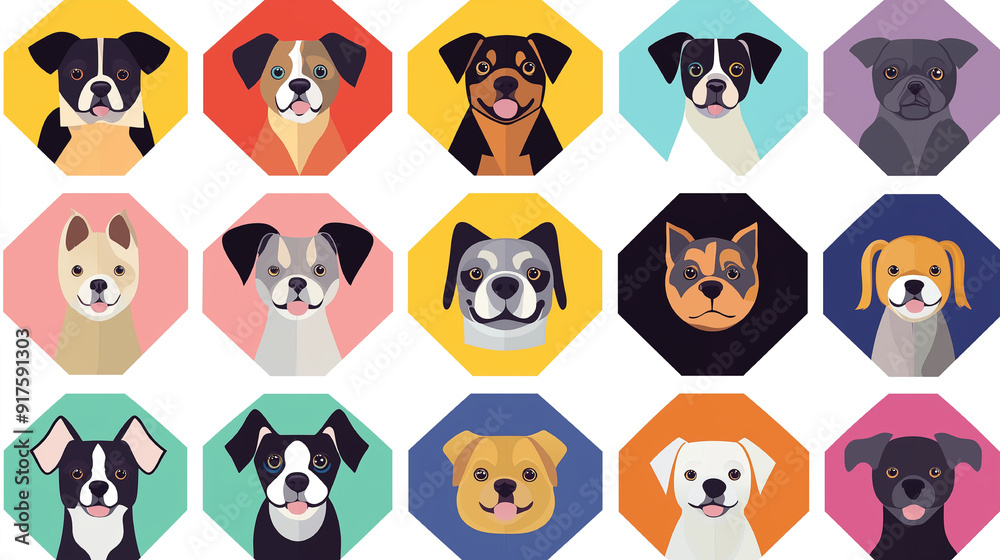 Fototapeta premium 「【ポップで魅力的な犬アイコン】カラフルな15種類の犬種イラストセット