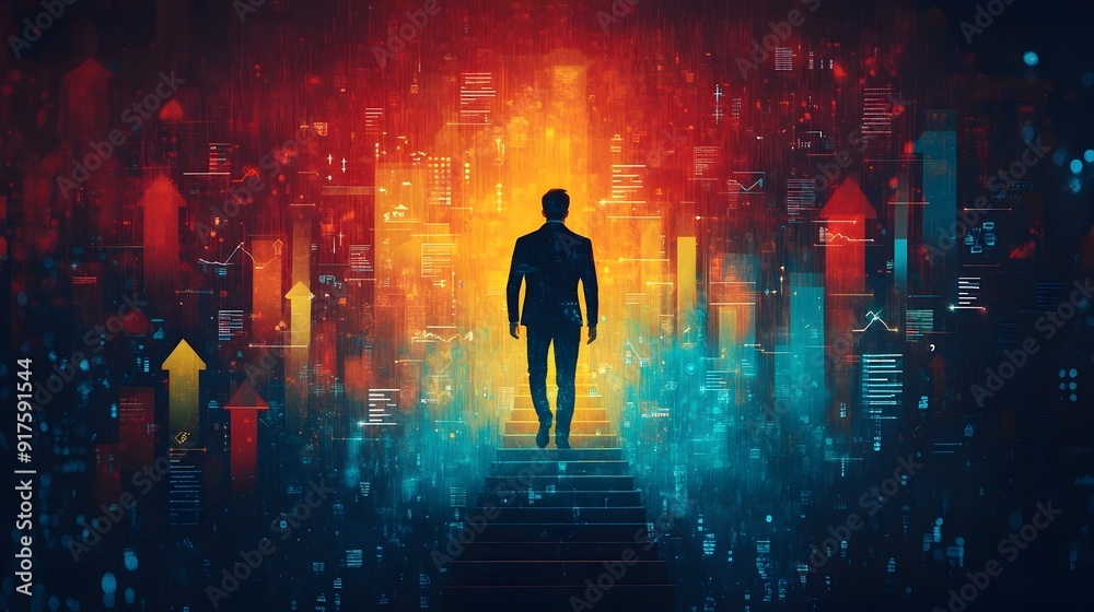 Successful Businessman Climbing Data Laden Stairs Amidst Moody Urban Backdrop Successful Businessman Climbing Data Laden Stairs Amidst Moody Urban Backdrop