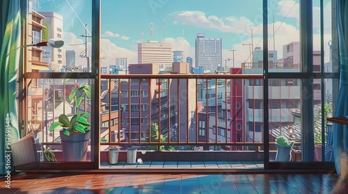 Bright room with a large window offering a stunning cityscape view on a sunny day, with clear skies and vibrant city life visible ou Seamless looping 4k time-lapse virtual video animation Generated AI