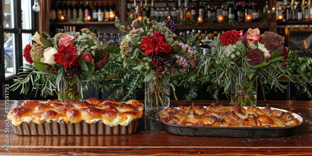 Rustic Bar Setting with Floral Centerpieces and Assorted Pastries on Wooden Counter for Romantic Event or Celebration Rustic Bar Setting with Floral Centerpieces and Assorted Pastries on Wooden Counter for Romantic Event or Celebration