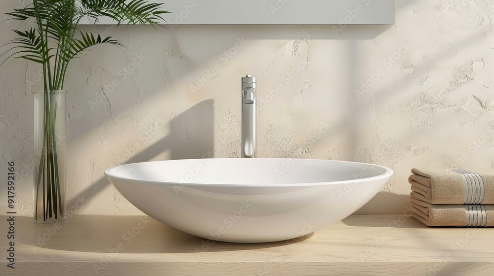 Stylish sink above bright countertop in modern bathroom Stylish sink above bright countertop in modern bathroom
