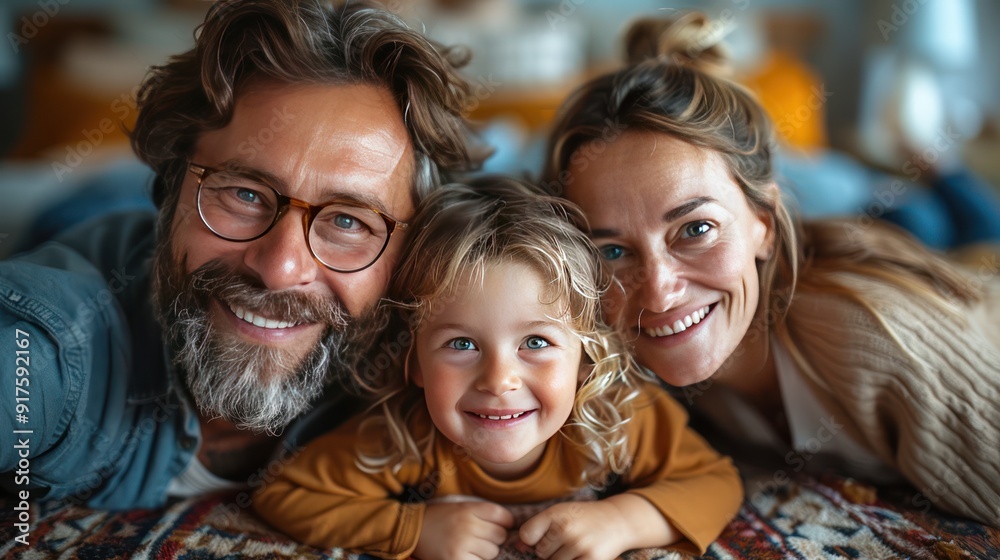 A joyful family moment with parents and their child lying on a carpet, all smiling and laughing together A joyful family moment with parents and their child lying on a carpet, all smiling and laughing together