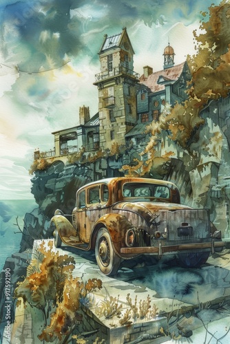 This watercolor illustration, capturing the essence of a scenic overlook, portrays a captivating scene of a vehicle parked at a picturesque vantage point.