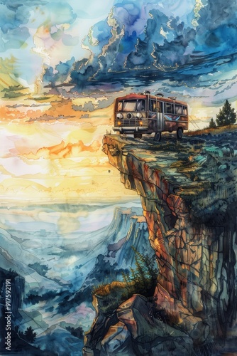 This watercolor illustration, capturing the essence of a scenic overlook, portrays a captivating scene of a vehicle parked at a picturesque vantage point.