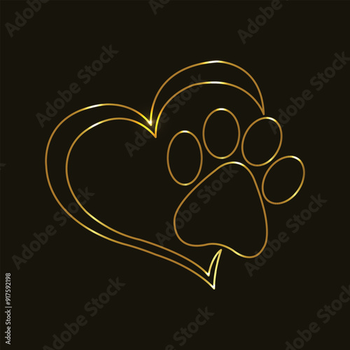 Neon paw print with heart. Pet love. Dog love. Line art. Glowing neon line. Isolated on black background. Dog - friend of human. Animal charity. Pet rescue and adoption. Animal care. Pet affection. 
