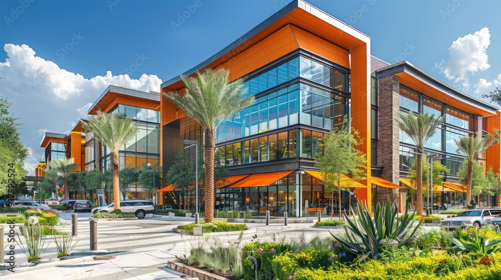A vibrant shopping mall with a modern design, featuring large windows, colorful awnings, and a spacious entrance, surrounded by greenery and parked cars