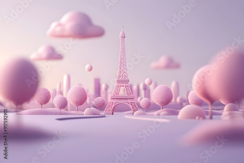 Whimsical Parisian Landscape with Eiffel Tower and Pastel Pink Clouds in Minimalist 3D