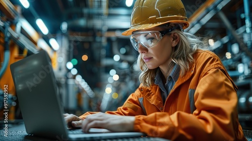 Engineer woman working with laptop inside a factory orange suit and yellow safety hat photo