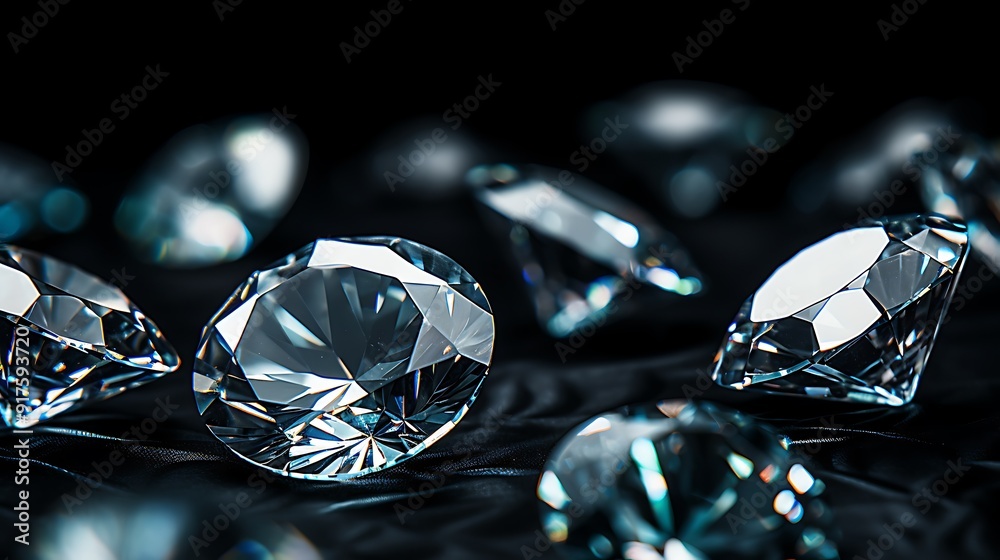 Close-up of shiny diamonds on a sleek black backdrop