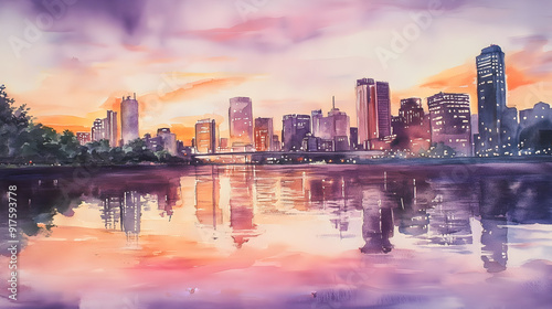 Watercolor Cityscape at Dusk with Warm Reflections on the Water