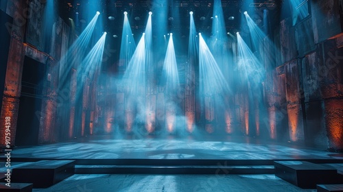 Empty stage with dramatic lighting from multiple spotlights, creating an illuminated and focused area, perfect for performances or presentations  photo